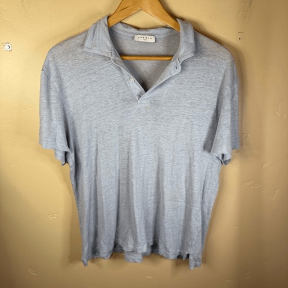 Sandro Paris Mens Linen Baby Blue Size Large Polo‎ Small Flaw Preppy Grunge Boho